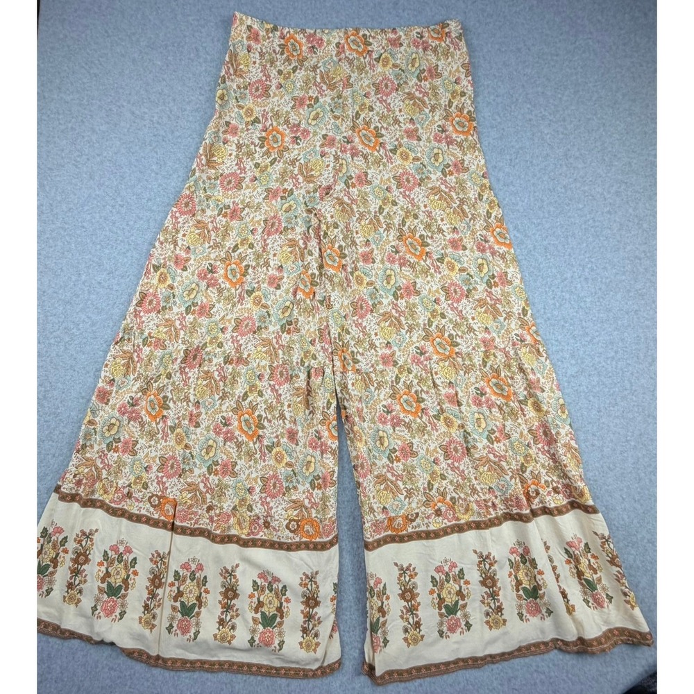 Boho Floral Wide Leg Viscose Pants XL Orange Pink Tiered Festival Trousers